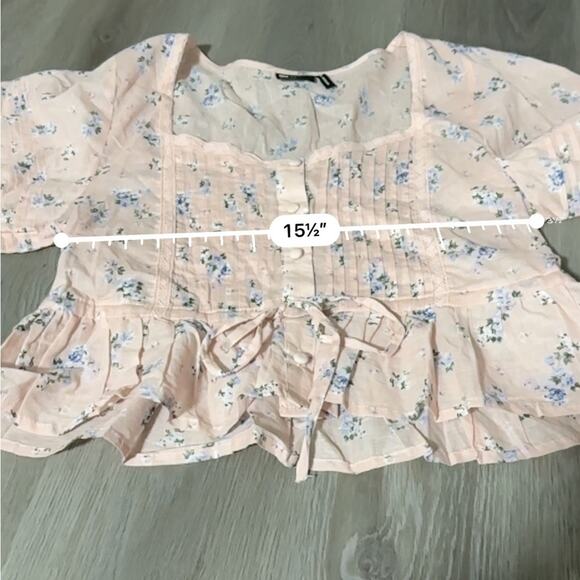 ASOS Design Pink Floral Print Button Up Pleated Long Sleeve Peasant Top Size 6 - Picture 8 of 9